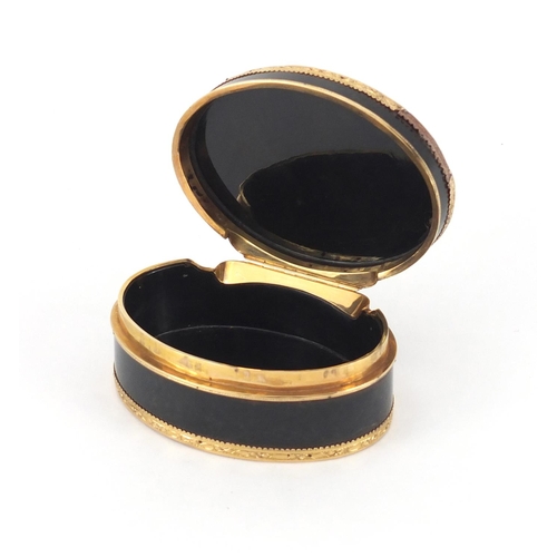 13 - 18th century French oval tortoiseshell snuff box with gold mounts, indistinct marks to the inside ri... 