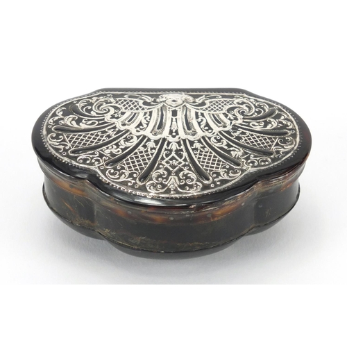17 - 18th century shaped tortoiseshell and silver pique work snuff box, the hinged lid decorated with scr... 