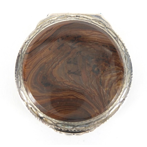 51 - 18th century circular silver and brown agate snuff box, RG makers mark with Lion passant to the inte... 
