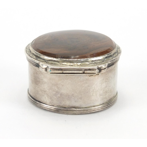 51 - 18th century circular silver and brown agate snuff box, RG makers mark with Lion passant to the inte... 