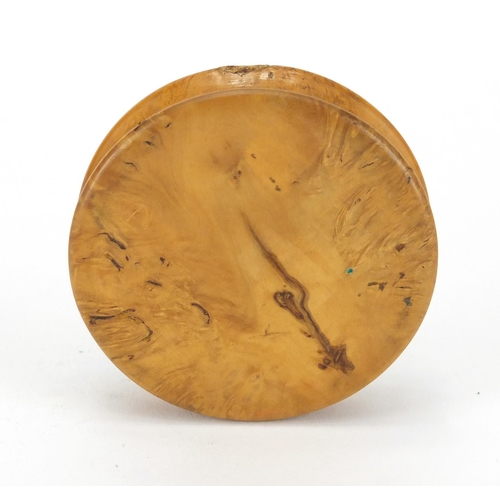 30 - 19th century circular burr yew snuff box, the lid inset with a Louis XVIII gold coloured coin, 6.5cm... 