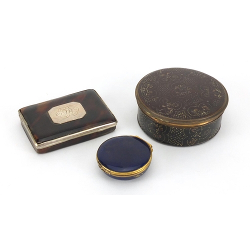 36 - 18th century circular blue enamel patch box and two snuff boxes including a silver mounted tortoises... 