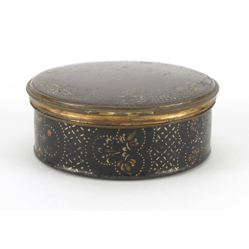 36 - 18th century circular blue enamel patch box and two snuff boxes including a silver mounted tortoises... 