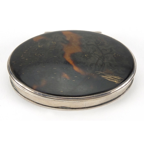 22 - 18th century oval silver and tortoiseshell snuff box, the hinged tortoiseshell gold pique work lid d... 