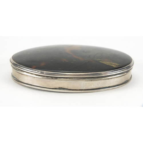 22 - 18th century oval silver and tortoiseshell snuff box, the hinged tortoiseshell gold pique work lid d... 