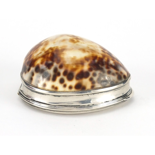 29 - 18th century silver and cowrie shell snuff box engraved with a coat of arms, housed in a velvet and ... 