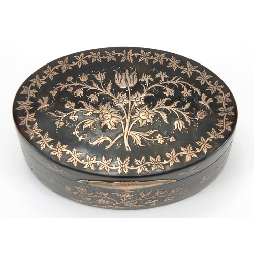 14 - 18th century oval tortoiseshell and gold pique work snuff box, decorated with floral sprays and bird... 