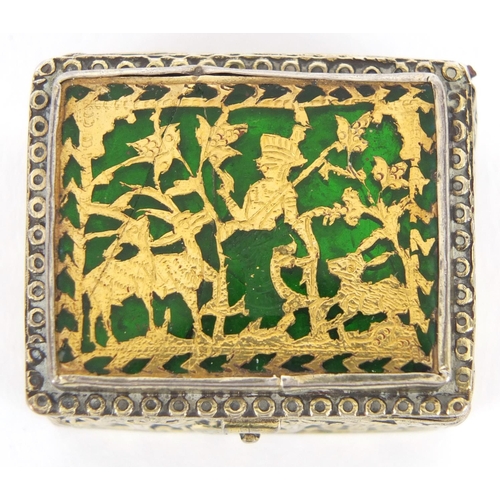 55 - 18th century rectangular unmarked silver and enamel pill box embossed with flowers, the hinged green... 