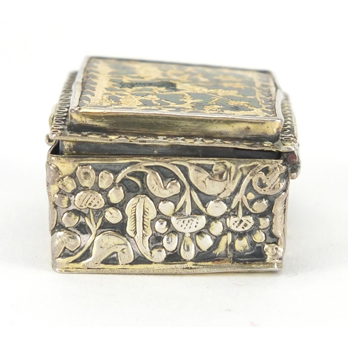 55 - 18th century rectangular unmarked silver and enamel pill box embossed with flowers, the hinged green... 