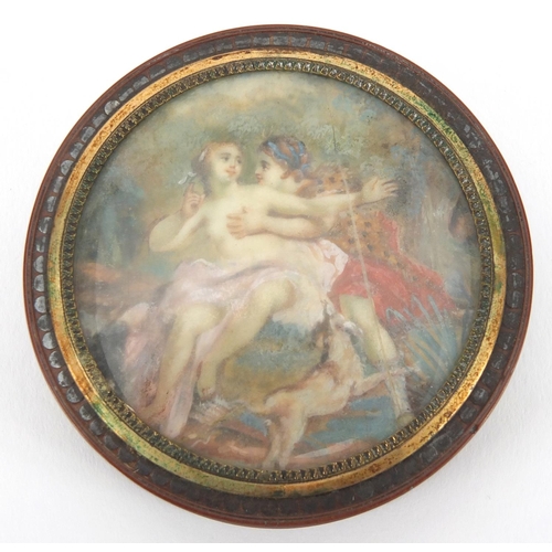 7 - 18th century circular lacquer snuff box with gold coloured mount, metal studwork and tortoiseshell l... 