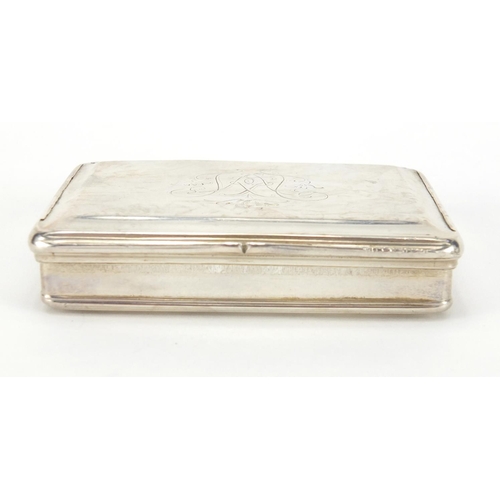 39 - 18th century rectangular unmarked silver snuff box with hinged lid and gilt interior, 8cm x 6.5cm, a... 
