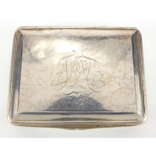 39 - 18th century rectangular unmarked silver snuff box with hinged lid and gilt interior, 8cm x 6.5cm, a... 