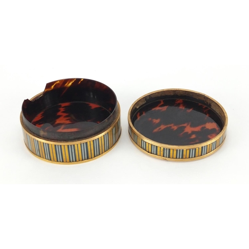 11 - 18th century French circular Vernis Martin snuff box with unmarked gold mounts and red tortoiseshell... 