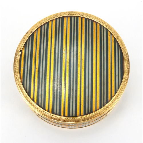 11 - 18th century French circular Vernis Martin snuff box with unmarked gold mounts and red tortoiseshell... 