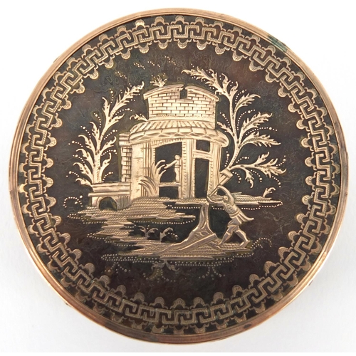 15 - 18th century circular tortoiseshell and gold pique work snuff box, decorated with butterflies and pa... 