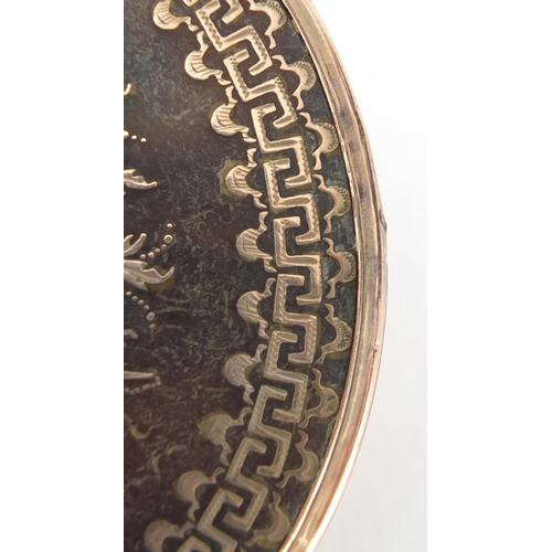 15 - 18th century circular tortoiseshell and gold pique work snuff box, decorated with butterflies and pa... 