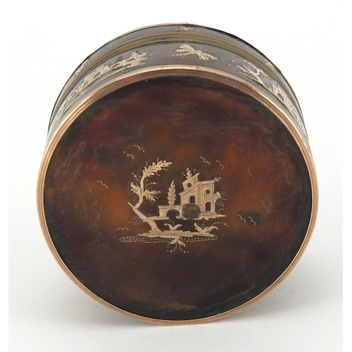 15 - 18th century circular tortoiseshell and gold pique work snuff box, decorated with butterflies and pa... 