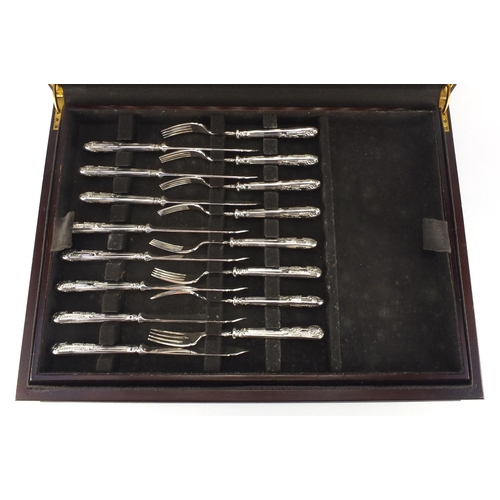 2080 - Six place mahogany canteen of Sheffield silver plated cutlery, retailed by Harrods, the canteen 50cm... 