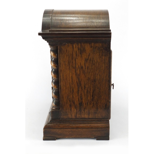 2084 - Oak cased Junghans Tempus Fugit bracket clock with silvered chapter ring and barley twist columns, t... 