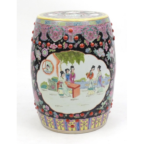 2117 - Chinese porcelain drum garden seat, hand painted in the famille noire palette with panels of figures... 