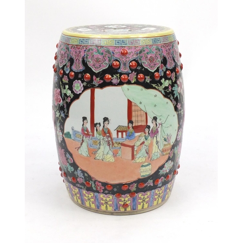 2117 - Chinese porcelain drum garden seat, hand painted in the famille noire palette with panels of figures... 