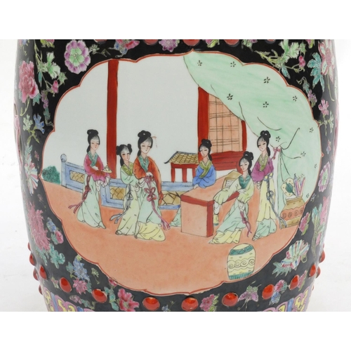 2117 - Chinese porcelain drum garden seat, hand painted in the famille noire palette with panels of figures... 