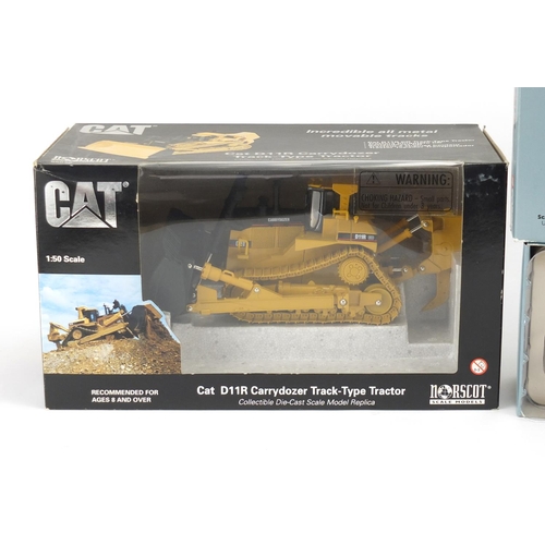 2206 - Two Cat die cast tractors and a Corgi heavy haulage Scammell contractor, all boxed and scale 1:50