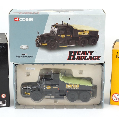 2206 - Two Cat die cast tractors and a Corgi heavy haulage Scammell contractor, all boxed and scale 1:50