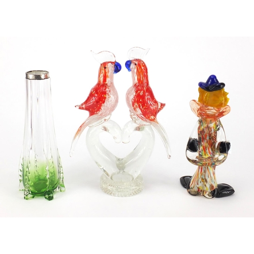 2240 - Murano colourful glass clown, love heart glass sculpture of two birds and a silver rimmed glass vase... 