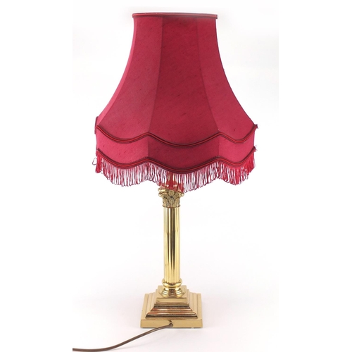 2161 - Brass corinthian column table lamp with shade, overall 69cm high