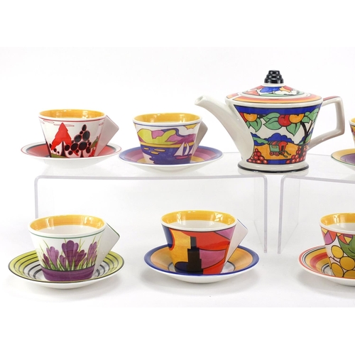 2109 - Set of eight Clarice Cliff centenary Art Deco design tea cups and saucers, by The Bradford Exchange ... 