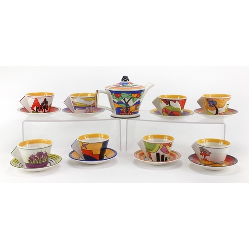 2109 - Set of eight Clarice Cliff centenary Art Deco design tea cups and saucers, by The Bradford Exchange ... 