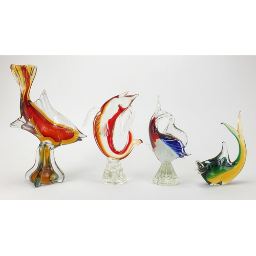 2105 - Four Murano colourful glass fish, the largest 34cm high