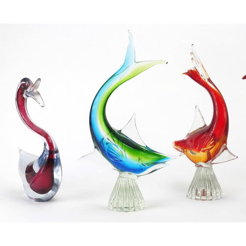 2138 - Six Murano colourful glass fish and animals, the largest 29.5cm high