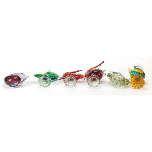 2138 - Six Murano colourful glass fish and animals, the largest 29.5cm high