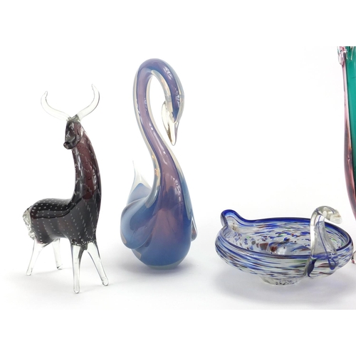 2099 - Four Murano colourful glass animals together with a similar dish, the largest 36cm high