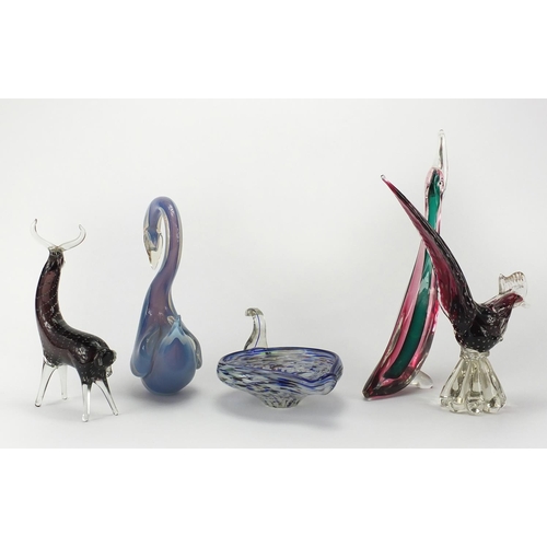 2099 - Four Murano colourful glass animals together with a similar dish, the largest 36cm high