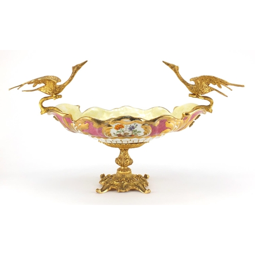 2191 - Ornate porcelain centrepiece with gilt metal pedestal and twin handles, decorated with flowers, 56cm... 