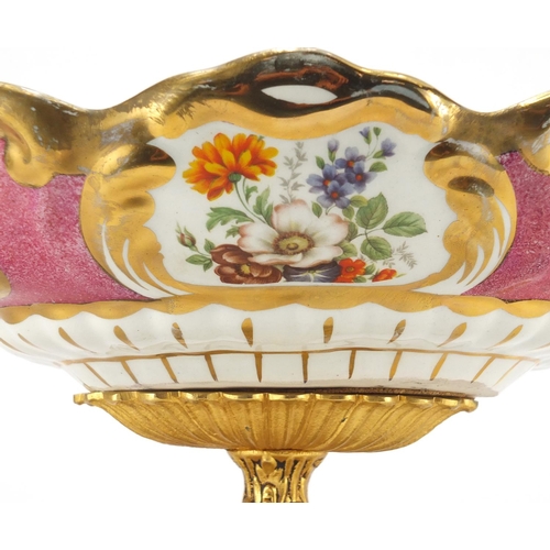 2191 - Ornate porcelain centrepiece with gilt metal pedestal and twin handles, decorated with flowers, 56cm... 