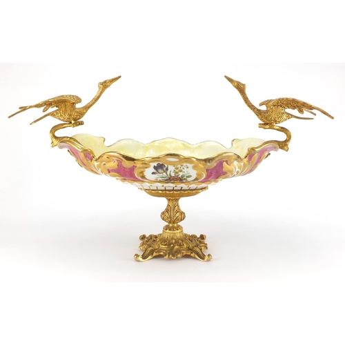 2191 - Ornate porcelain centrepiece with gilt metal pedestal and twin handles, decorated with flowers, 56cm... 