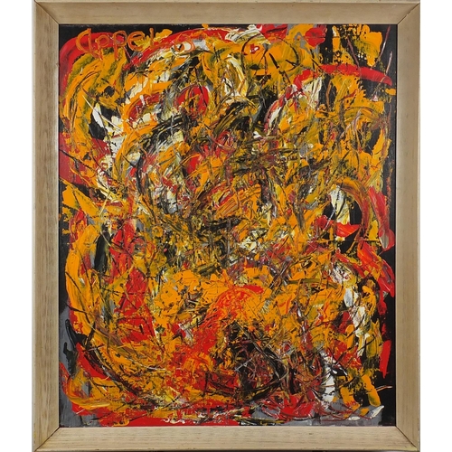 2218 - Abstract composition, oil on board, bearing a signature Appel, inscription verso, framed, 69cm x 55.... 