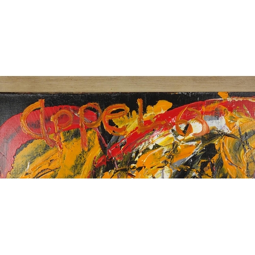 2218 - Abstract composition, oil on board, bearing a signature Appel, inscription verso, framed, 69cm x 55.... 