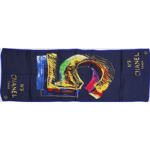 2064 - Rectangular Chanel silk scarf, having an No.5 design with box, 180cm x 59cm