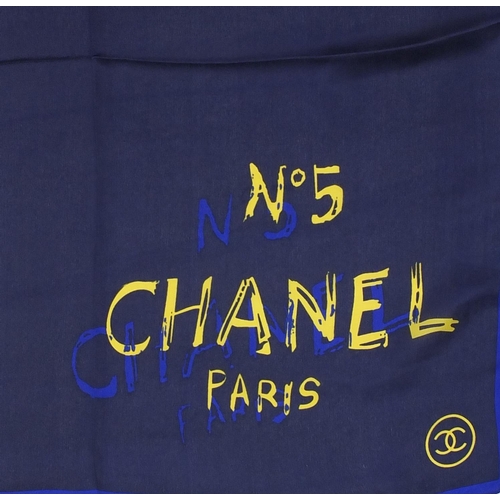 2064 - Rectangular Chanel silk scarf, having an No.5 design with box, 180cm x 59cm