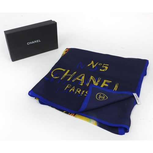 2064 - Rectangular Chanel silk scarf, having an No.5 design with box, 180cm x 59cm