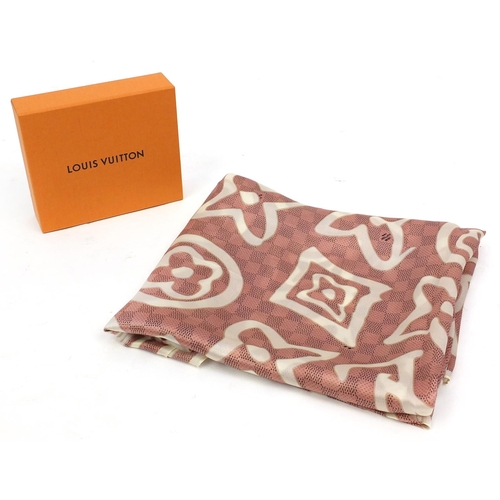 2067 - Rectangular Louis Vuitton silk scarf, having an all over monogram design with box, 180cm x 59cm