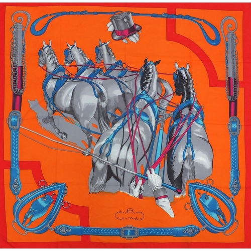 2068 - Rectangular Hermes silk scarf, having a horse design with  box, 130cm x 130cm