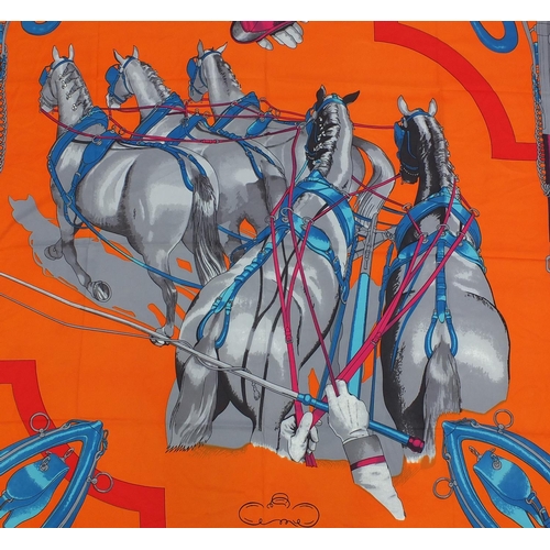 2068 - Rectangular Hermes silk scarf, having a horse design with  box, 130cm x 130cm