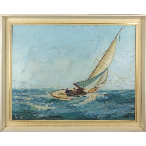 2121 - Sailing ship on choppy seas, impressionist oil on canvas, bearing a monogram KB and inscription K Bo... 