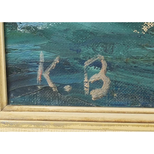 2121 - Sailing ship on choppy seas, impressionist oil on canvas, bearing a monogram KB and inscription K Bo... 